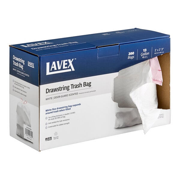 A white box of Lavex tall kitchen drawstring trash bags.