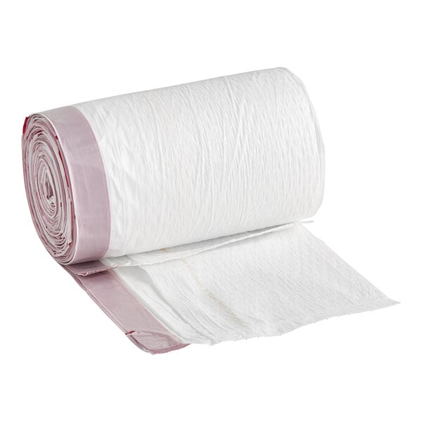 A roll of white Lavex trash bags with pink drawstrings.