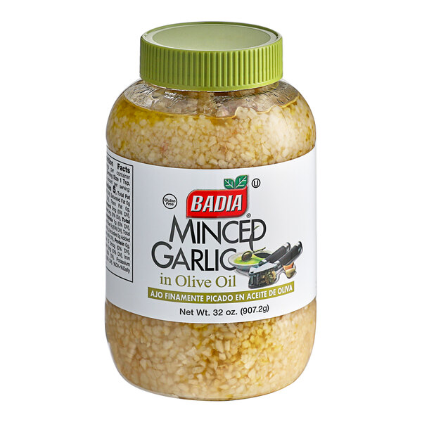 A case of 6 jars of Badia minced garlic in olive oil with a white label.