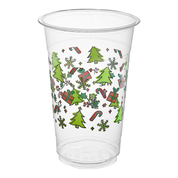 A white Choice plastic cup with holiday designs on it.