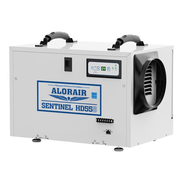 A white rectangular AlorAir dehumidifier with black handles.