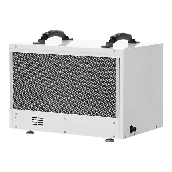 A white rectangular AlorAir commercial-grade dehumidifier with black handles.