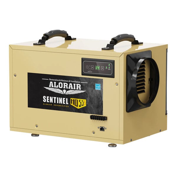 An AlorAir commercial-grade dehumidifier with black handles on top.