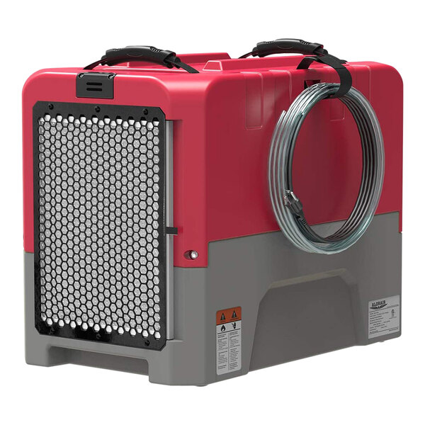 An AlorAir red and grey industrial dehumidifier box with a wire wrapped around it.