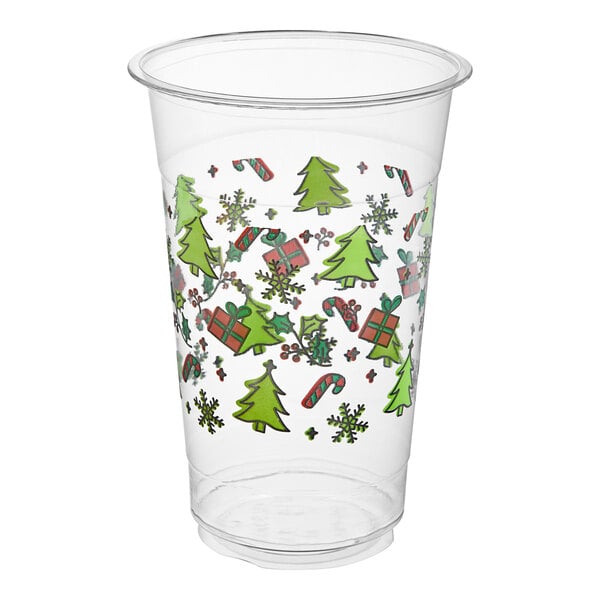 A Choice PET plastic cup with holiday designs on it.