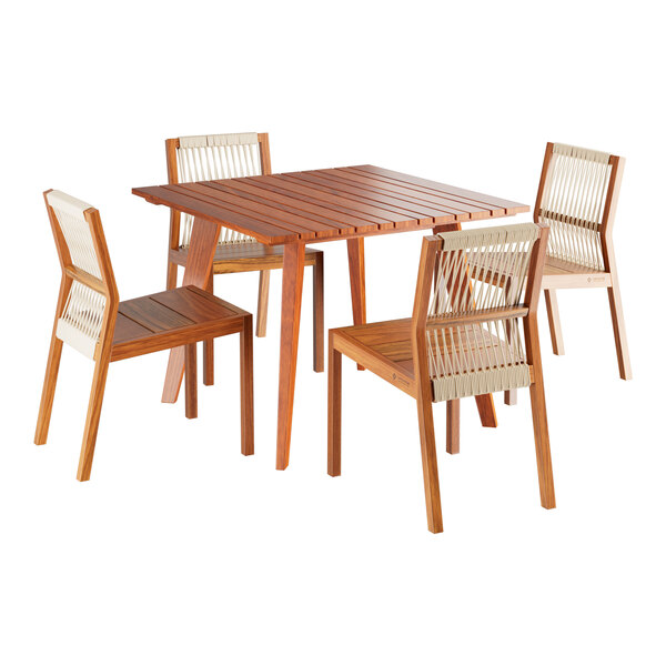 A Lancaster Table & Seating Virelli tigerwood table with 4 chairs with nautical rope seats.
