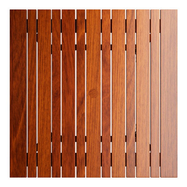 A square wood table top with a tigerwood slat surface.