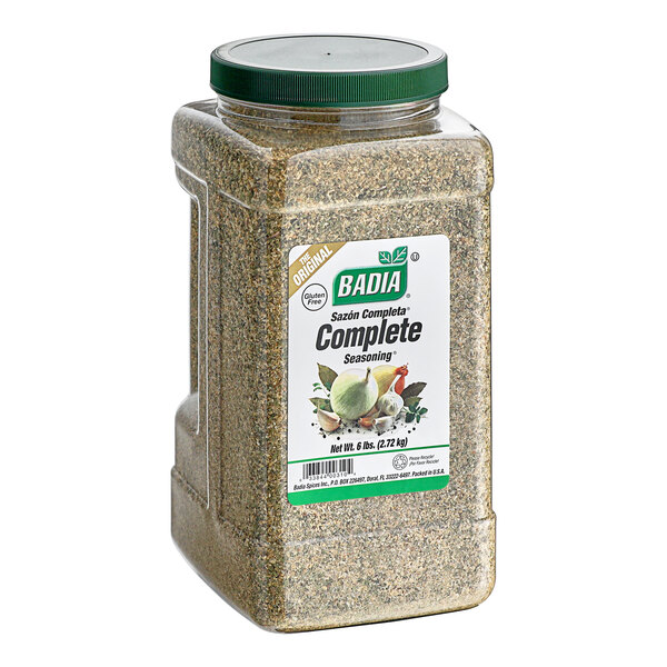 A container of Badia Complete Seasoning with a label.