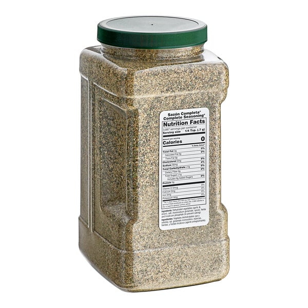 A large container of Badia Complete Seasoning with a label.