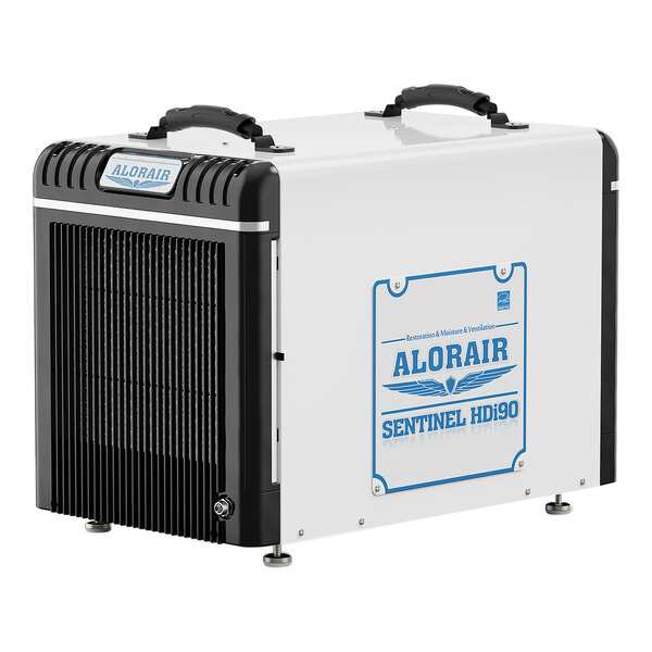 A white and black box with a black handle containing an AlorAir Sentinel HDI90 Commercial-Grade Dehumidifier with Pump.
