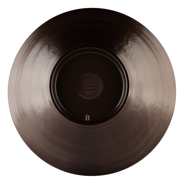 A brown melamine bowl with a black rim.