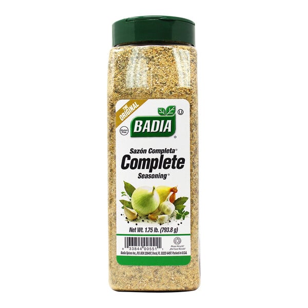 A white bottle of Badia Complete Seasoning with green and yellow text.