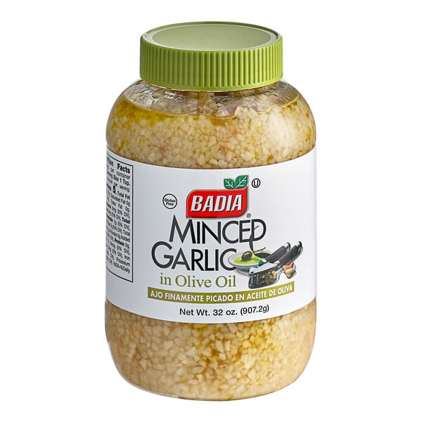 A jar of Badia Minced Garlic in Olive Oil with a white label.