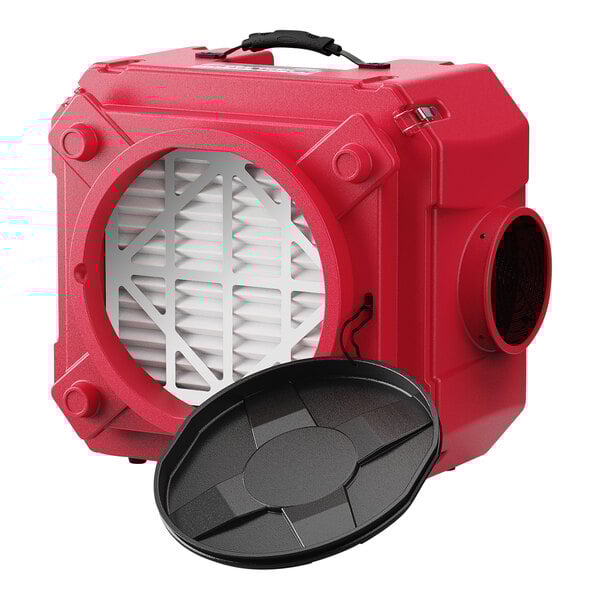 A red AlorAir air scrubber with a black lid and tray.