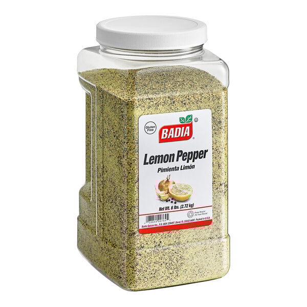 A container of Badia Lemon Pepper on a kitchen counter.