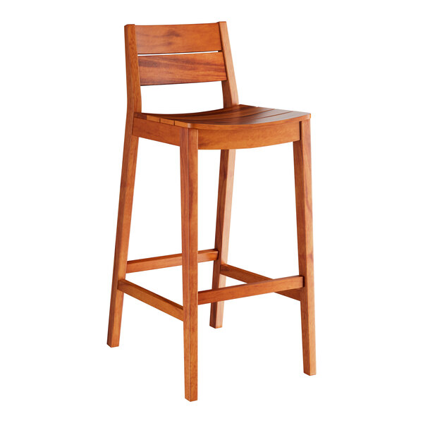 A Lancaster Table & Seating Virelli Tigerwood slat back outdoor side barstool with a wooden seat and back.