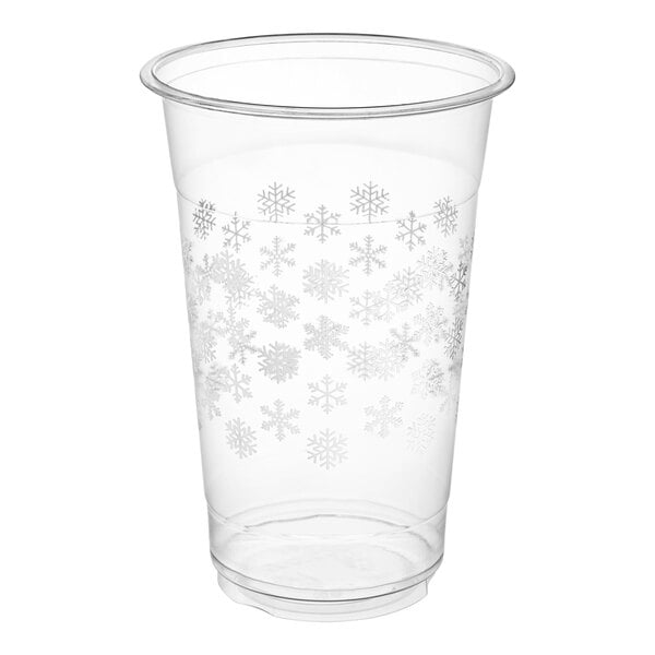 A clear Choice PET plastic cup with snowflakes on it.