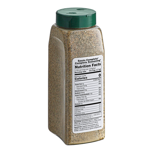 A green Badia Complete Seasoning container with a label.