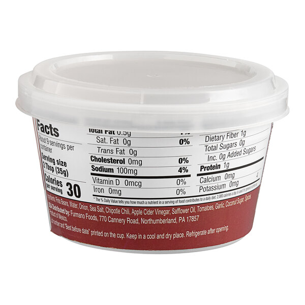 A close up of a Furmano's Chipotle refried bean dip cup with a lid.