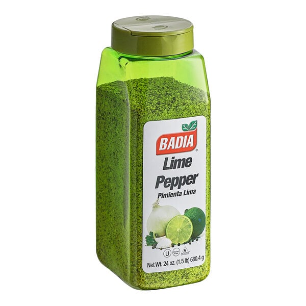 A green Badia container of lime pepper with a white label.