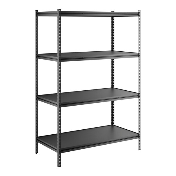 A black four-shelf boltless laminate shelving unit with metal uprights.