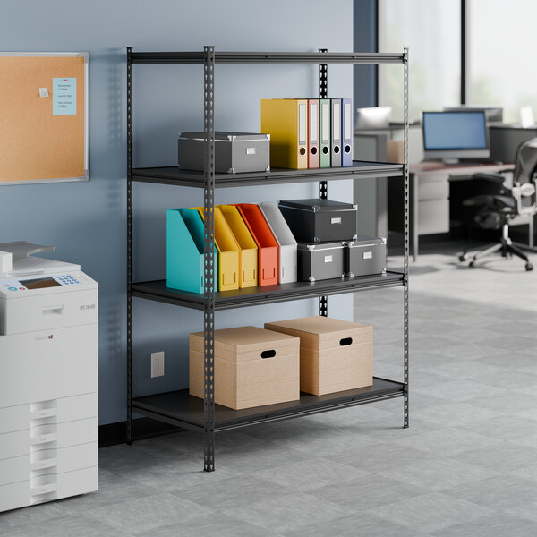A black 4-shelf boltless laminate shelving unit with 72-inch uprights, used for office storage and organization.