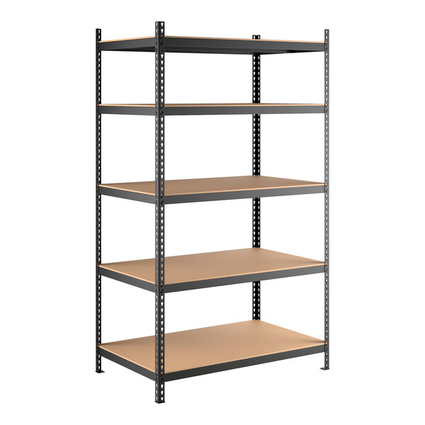 A black heavy-duty boltless shelving unit with five particleboard shelves and metal uprights.