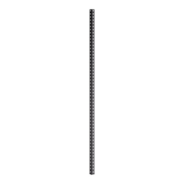 A black heavy-duty steel upright for boltless shelving units.