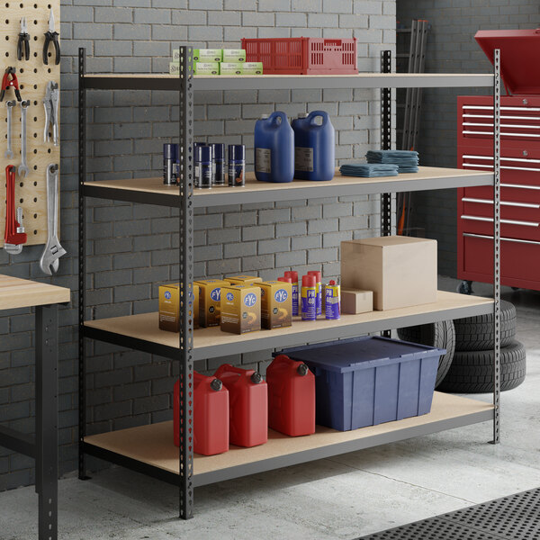 A black heavy-duty steel upright shelving unit with multiple shelves holding various garage and workshop supplies.