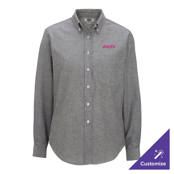 A women's gray long sleeve button-up oxford dress shirt with a customizable logo on the chest pocket.