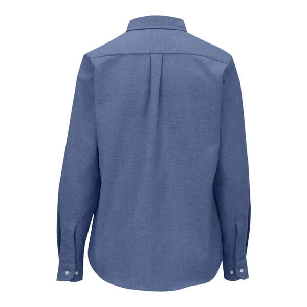 A back view of a blue Edwards Oxford dress shirt with buttons.