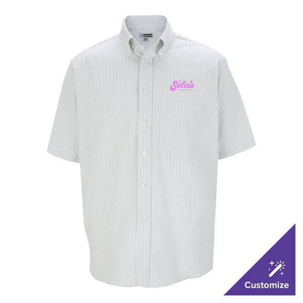 A men's gray stripe short sleeve button-up dress shirt with a customizable logo on the chest pocket.