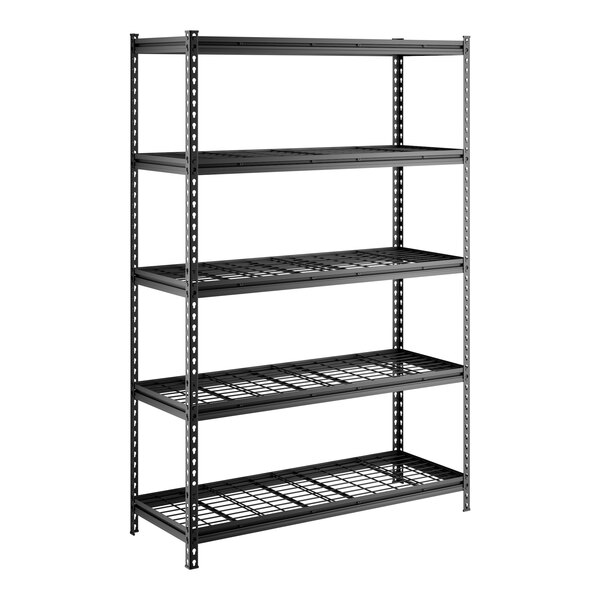 A black metal 5-shelf boltless wire shelving unit with Z-beam construction and 72-inch uprights.