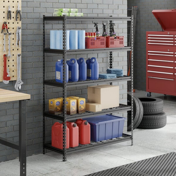 A black metal five-shelf boltless wire shelving unit with various containers and supplies stored on it.