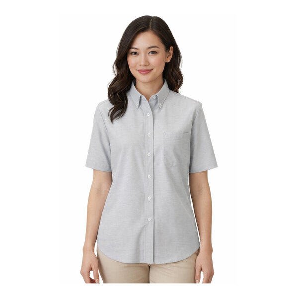 A women's light gray short sleeve button-up oxford dress shirt with a front pocket.