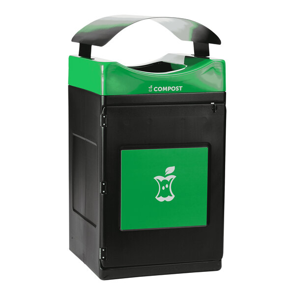 A green and black Commercial Zone Avante square compost bin with a canopy top.