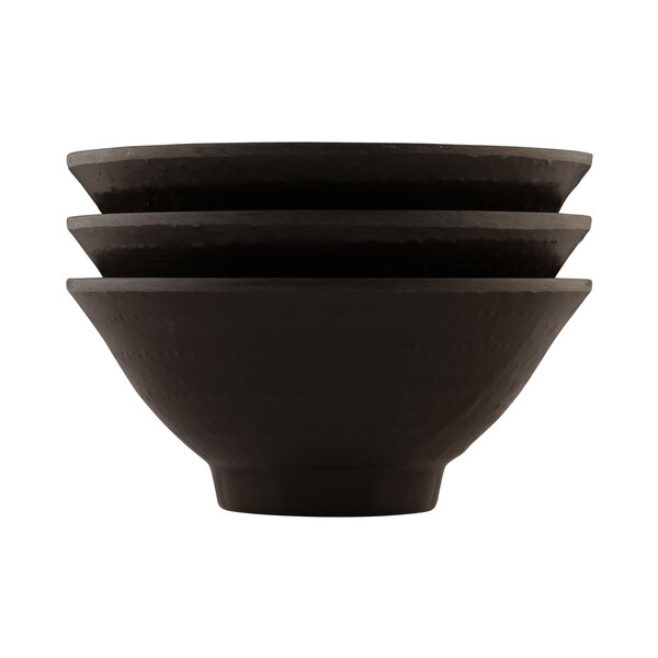 A stack of three black Elite Global Solutions Pebble Creek bowls.