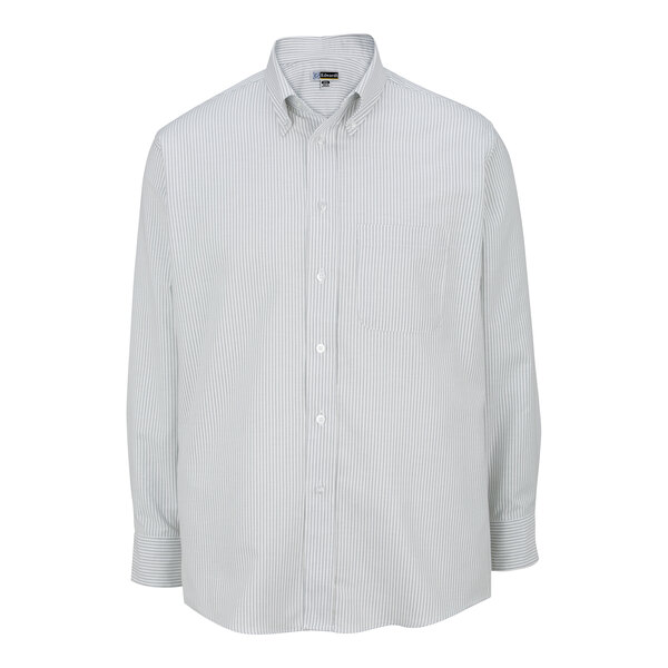 A close-up of an Edwards men's grey stripe long sleeve dress shirt with a button down collar.
