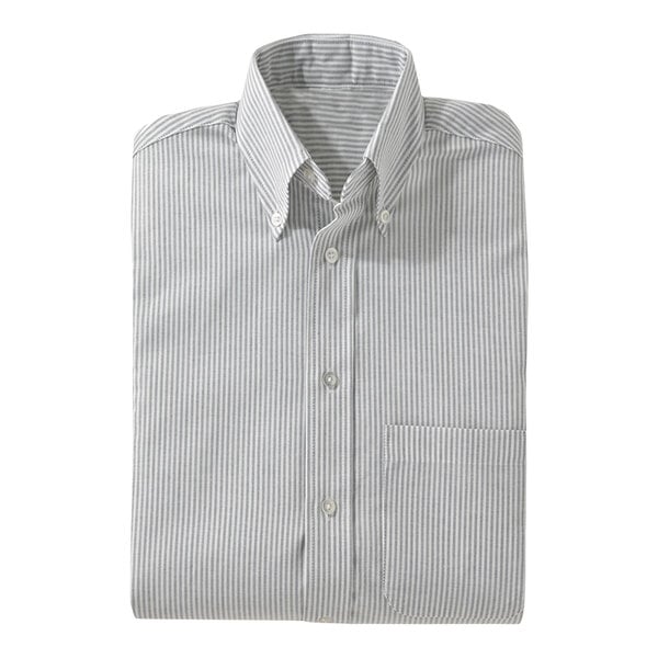 A folded Edwards men's gray striped dress shirt with a pocket and a button.