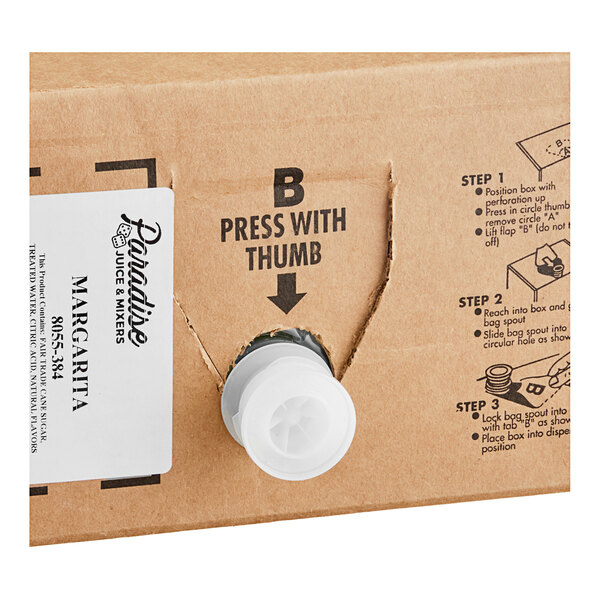 A Paradise Margarita Mix 3 gallon bag in a box with a label.