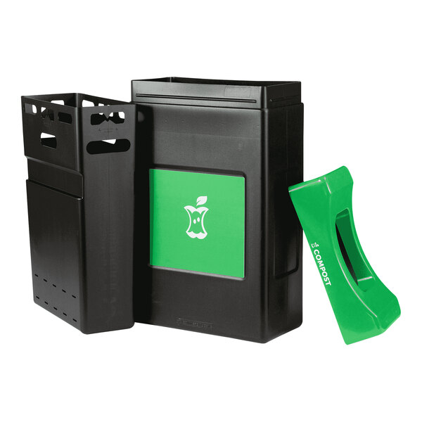 A black rectangular compost bin with a green lid.