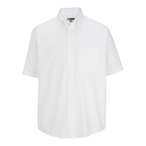 A men's white short sleeve button-up oxford dress shirt with a front pocket.