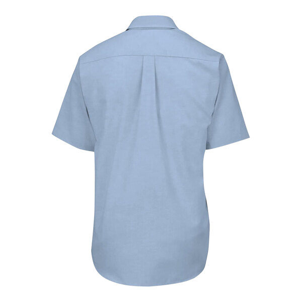 A light blue men's short sleeve oxford dress shirt in an extra-large tall size, shown from the back.