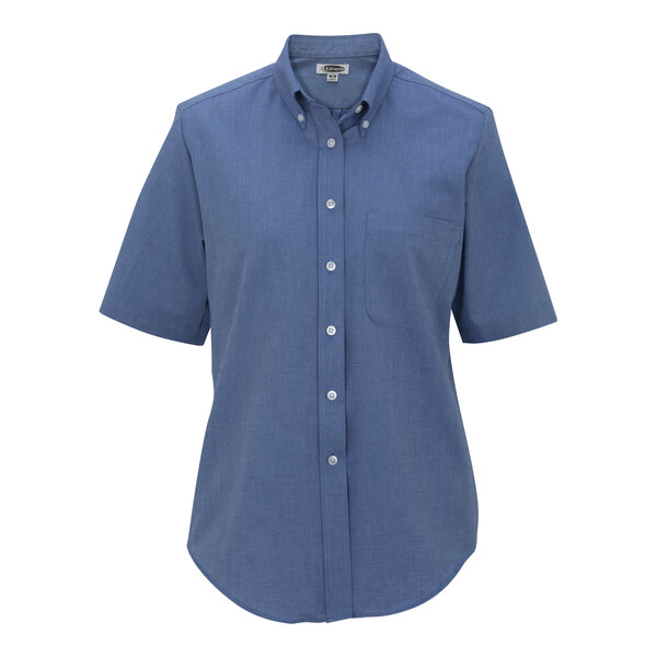 A women's French blue short sleeve Edwards dress shirt with buttons.