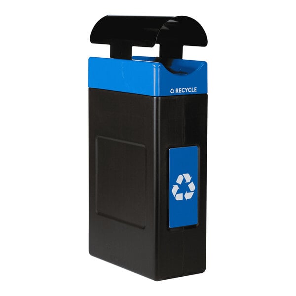 A black and blue Commercial Zone Avante recycling bin with a blue lid and recycle symbol.