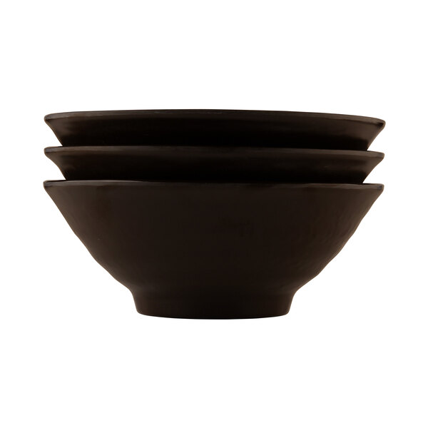 A stack of three Elite Global Solutions Pebble Creek aubergine bowls.