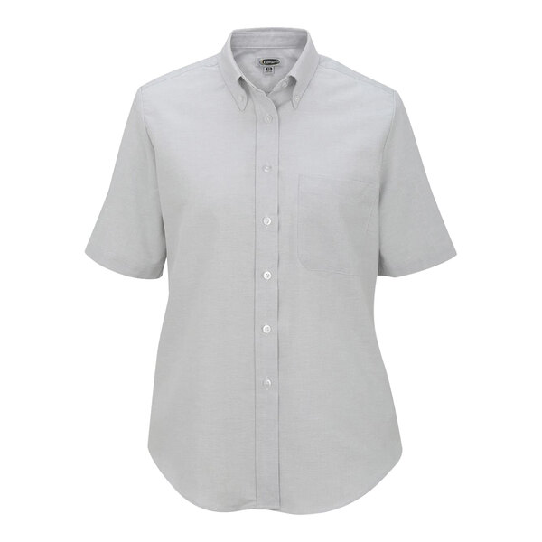 A women's light gray short sleeve oxford dress shirt with a button-down front and chest pocket.