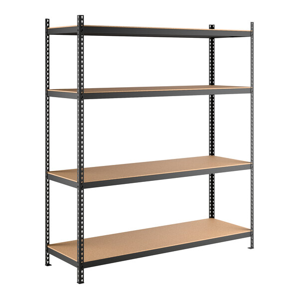 A black heavy-duty boltless shelving unit with four particleboard shelves and tall uprights.