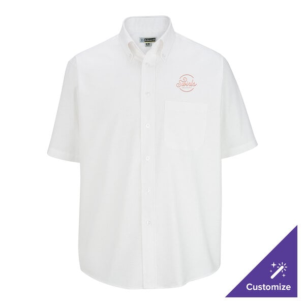 A men's white short sleeve button-up oxford dress shirt with a front pocket and customizable logo on the chest.