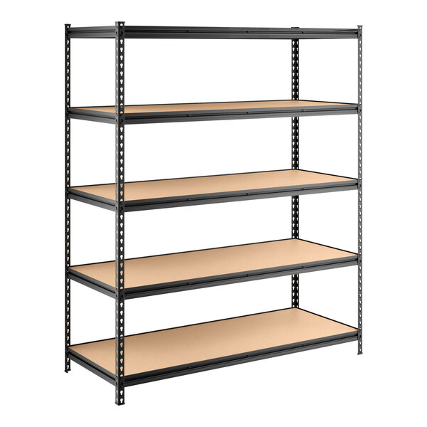A black metal shelving unit with five particle board shelves and 72-inch uprights.